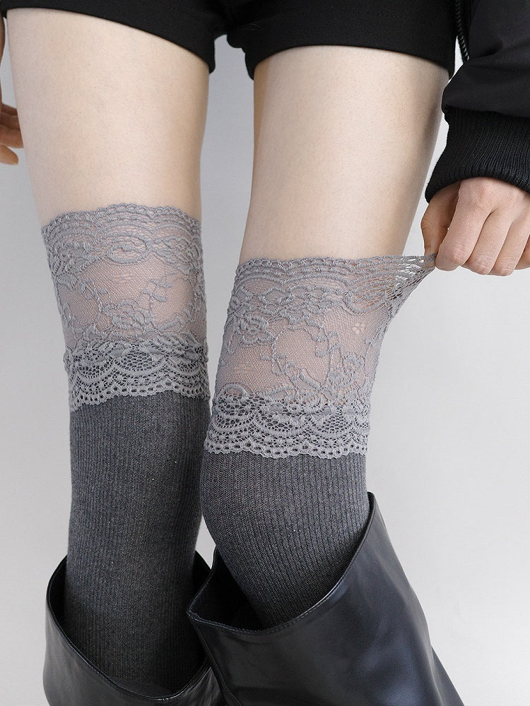 Gray Knit Dark Stockings Lace Ribbed Top