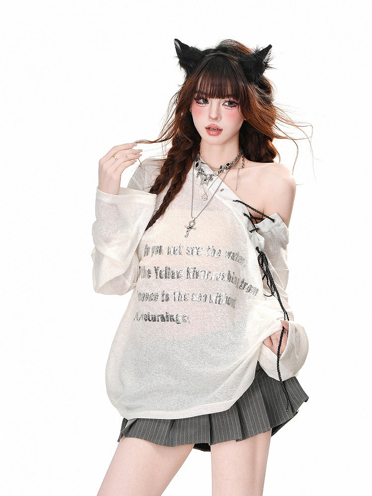 Schwarz/weißes, halbtransparentes Sonnenschutz-Top mit asymmetrischem Ausschnitt und Schnürdetail