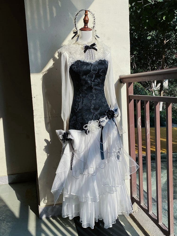 クラシックなJSK、エレガントなレイヤードフルチュール、スリムボディス、ジャカードヘム、ホワイトロリータ、ブラックフィット、フローラルセット