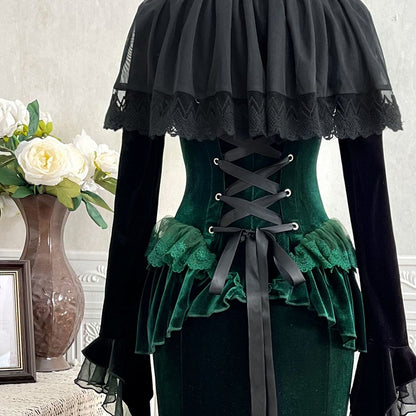 Forest Lace and Dress Peplum Detail Applique Mermaid Green with Velvet Black Dark