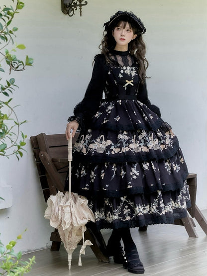 Skirt Classic and Lolita Tiered Jumper Print Floral Lily Dress Cherry Black
