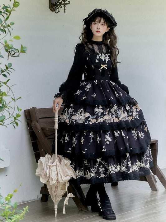 Skirt Classic and Lolita Tiered Jumper Print Floral Lily Dress Cherry Black