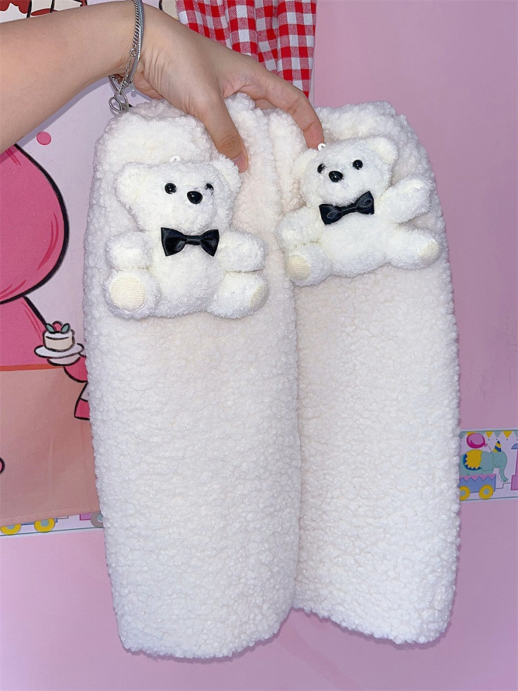 Y2K Christmas Plush Bear Design White Leg Warmers