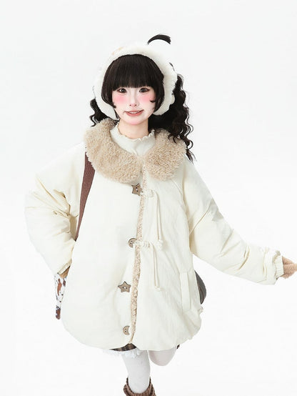 Kawaii Coat Plush and Beige Collar - Buttons Down Star Decorative Moon