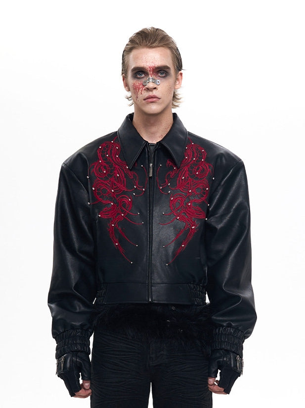 Embroidery Cropped Details with Men's Jacket Studded Thorn PU Black Snake