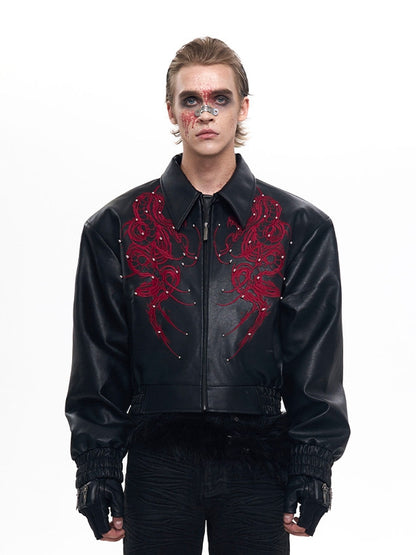 Embroidery Cropped Details with Men's Jacket Studded Thorn PU Black Snake