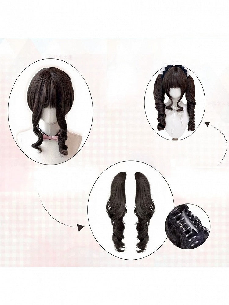 Brown 28cm Wig Bangs 55cm Curly Twin Tails Claw Clip
