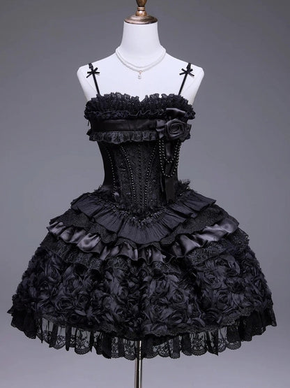 Black Elegant JSK Dress with Pearl and Floral Brooch - Airfreeing