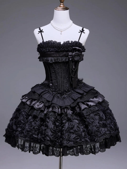 Black Elegant JSK Dress with Pearl and Floral Brooch - Airfreeing