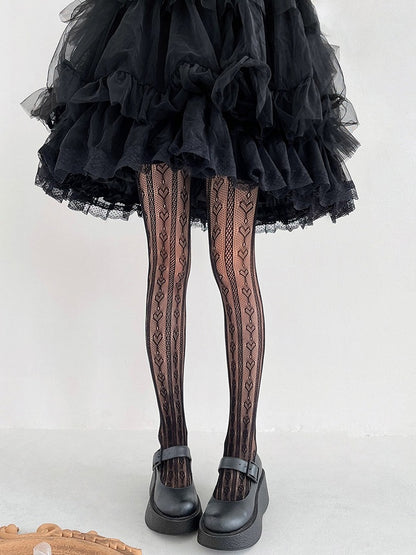 Tights Pattern White/Black Heart Lace