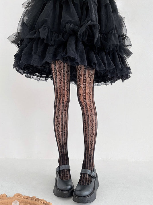 Tights Pattern White/Black Heart Lace