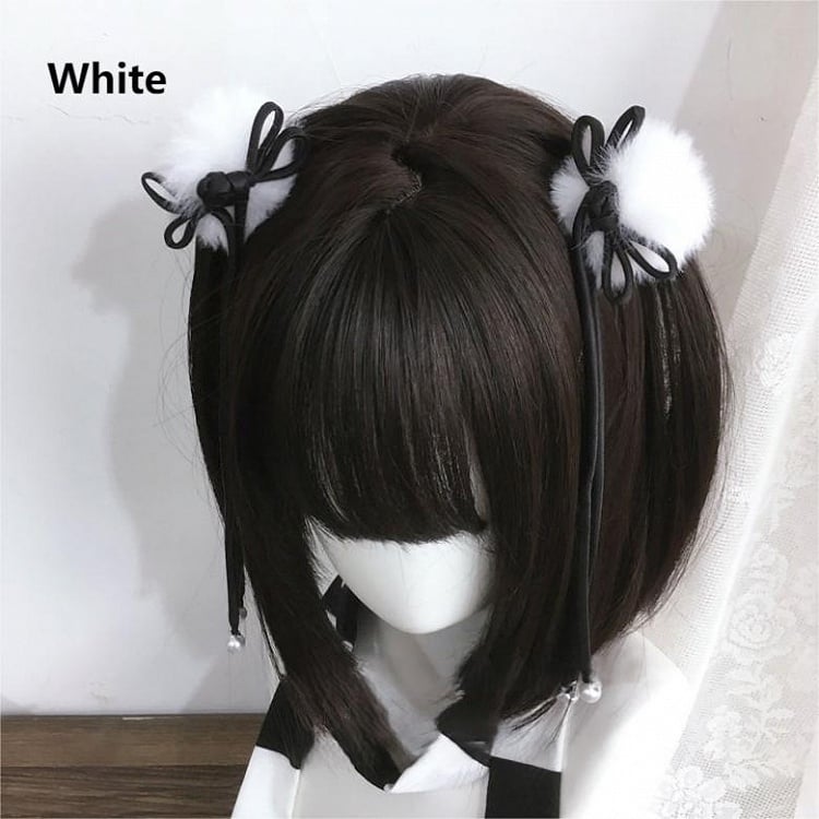 Bow with Black/White Decorated Details Hairclip Pom-pom
