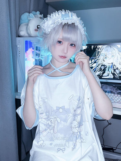 Neck Kawaii T-Shirt Yandere Angel Kei Top Light Blue Print Halter Style Jirai - Yami