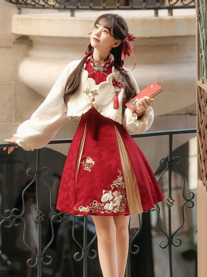 Red Floral Embroidered Chinese Dress with Plush White Top for Cold Seasons - Han Ru Chu Hanfu & Han-Element Studi
