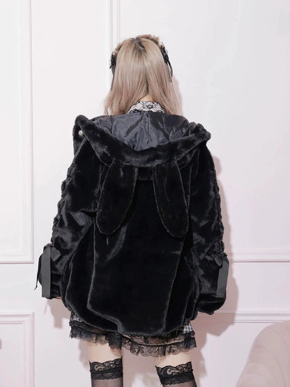 Sweet Jirai Kei Plush Bunny Ear Hooded Coat for Fall/Winter with Lace-Up Sleeves in Dusty Pink/White/Black