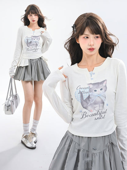 Adorable Cartoon Kitty Print Sweetheart Two-pieces Top Button Details White Faux