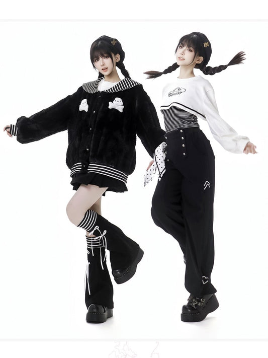 ブラックストライプセーラーカラープラッシュコート