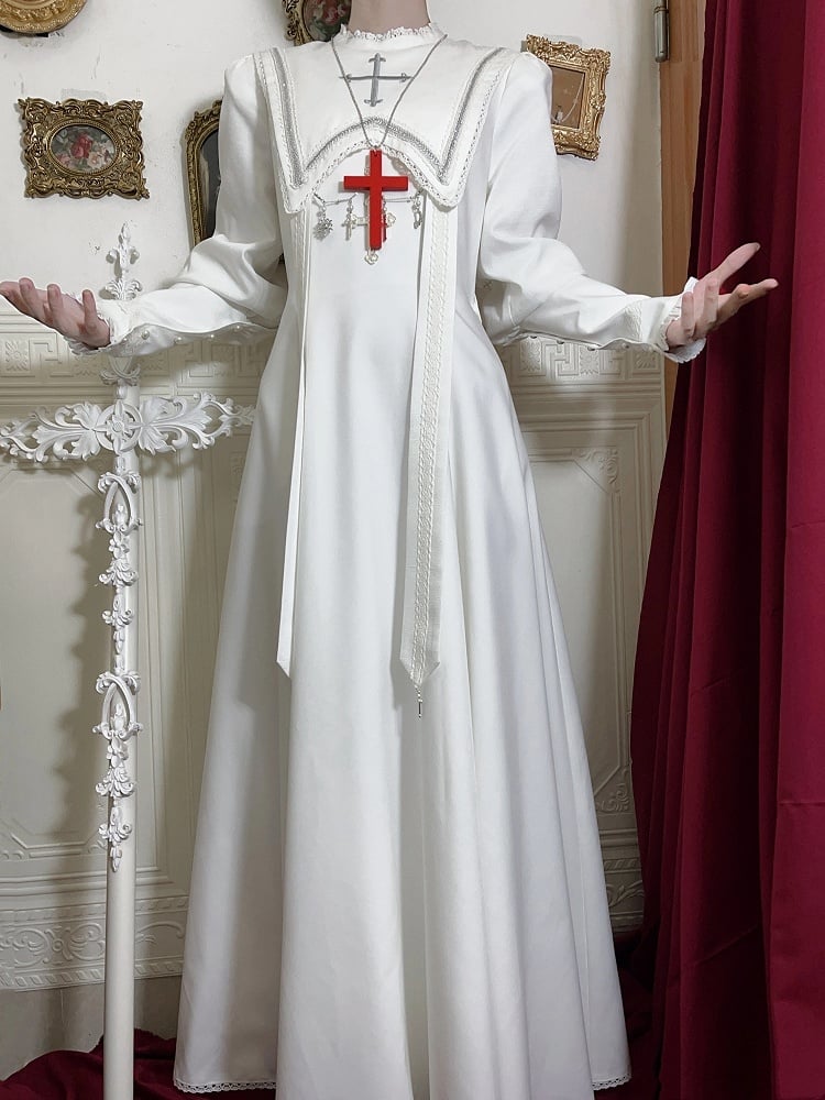 Halloween Cross Sleeves Juliette Embroidery White Leg-of-Mutton Dress / Outfits Nun Lolita