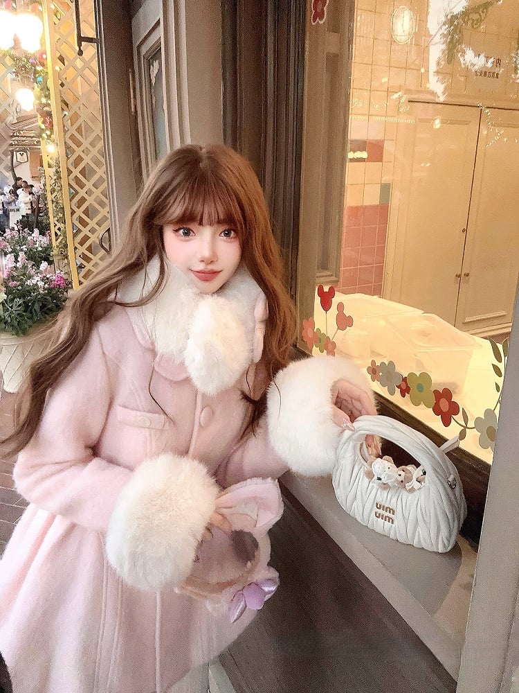 Detachable Coat Bow Oversized Fur Faux Pink With