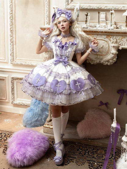 White and Purple Sweetheart Applique Old School Lolita Dress Valentine's Day Fluffy Dress