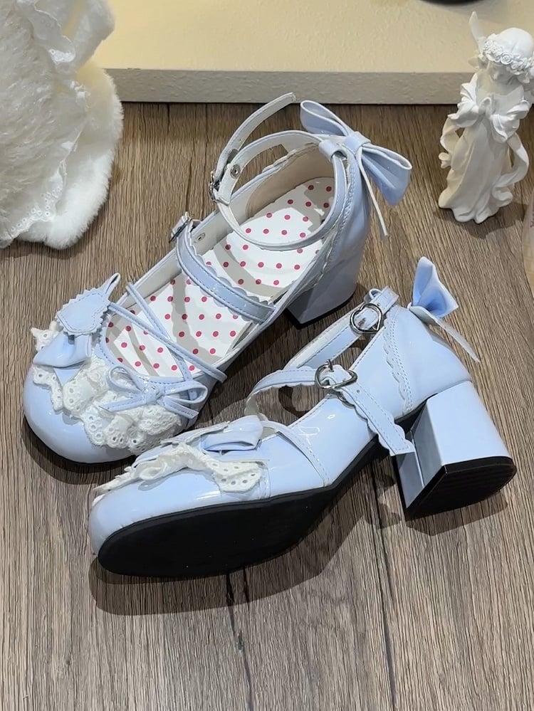 Süße Schnalle mit Schleife Schuhe Janes - Lacework Lolita Details Blue Heart Mary