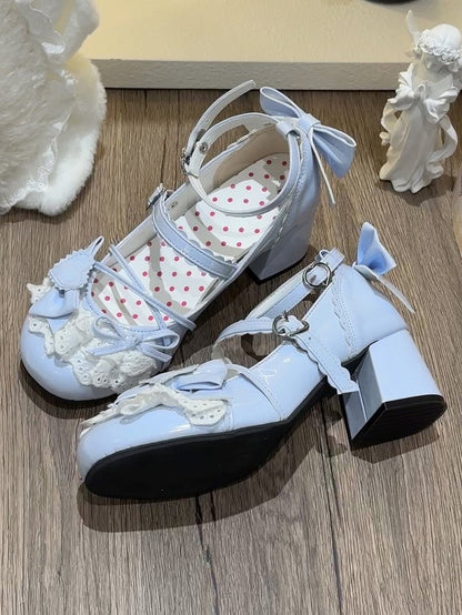 Süße Schnalle mit Schleife Schuhe Janes - Lacework Lolita Details Blue Heart Mary