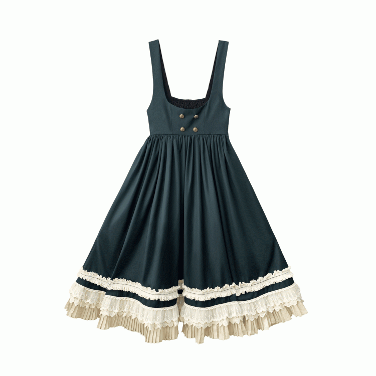 Green Overall Dress in High Waist Style Dark Preppy with Beige Lace Trim