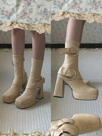 Square Buckle - High Lolita Accents Inner Khaki Boots Heel Platform Mid-calf Toe Block with Zip