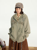 Dusty Hoodie - Two-way Kawaii Zip Placket Letter Hood Drawstring Print Green