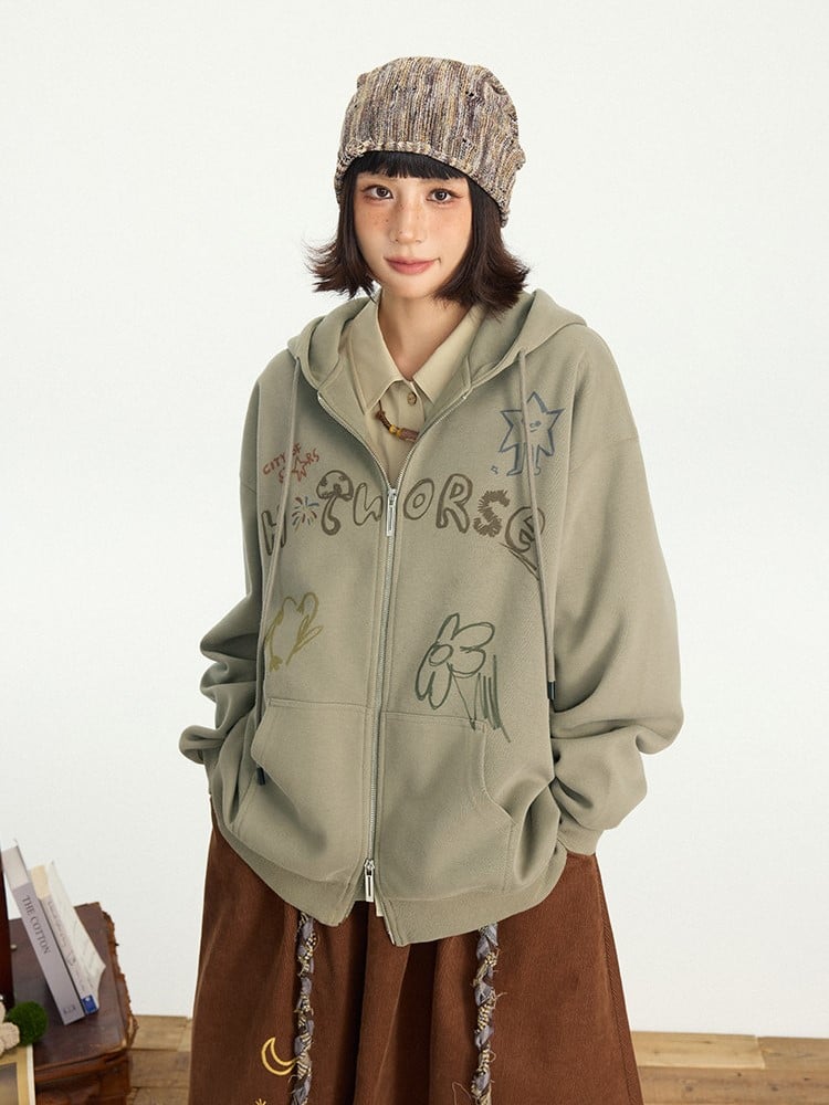 Dusty Hoodie - Two-way Kawaii Zip Placket Letter Hood Drawstring Print Green