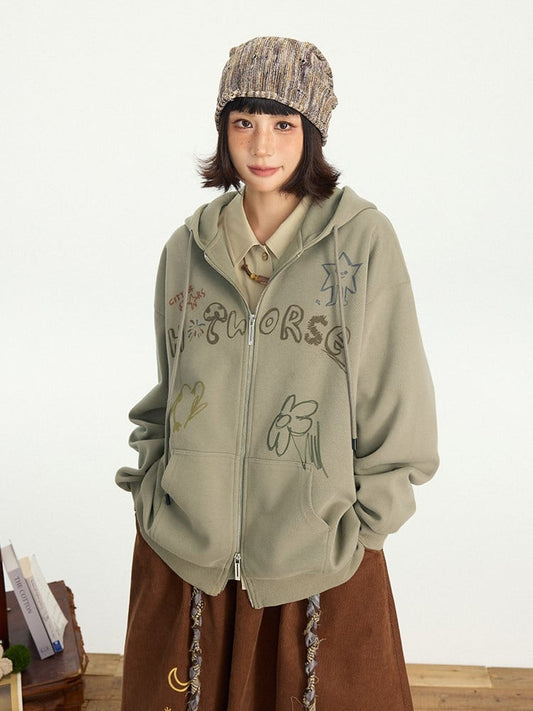 Dusty Hoodie - Two-way Kawaii Zip Placket Letter Hood Drawstring Print Green