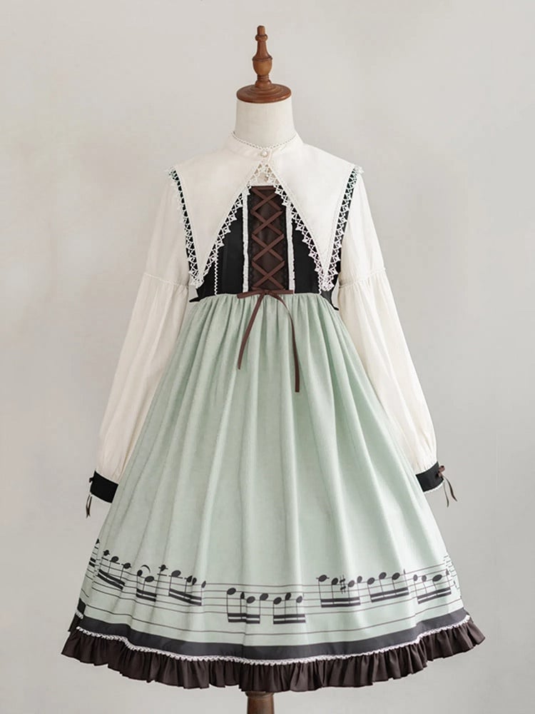 Musical Note Green Autumn Lolita Long Sleeves Dress with Separate Pointed Collar