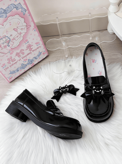 Paw PU Bow Heels Cat-themed Slip-on Detachable Shoes Uniform Cat Heeled Black 4cm Clips with