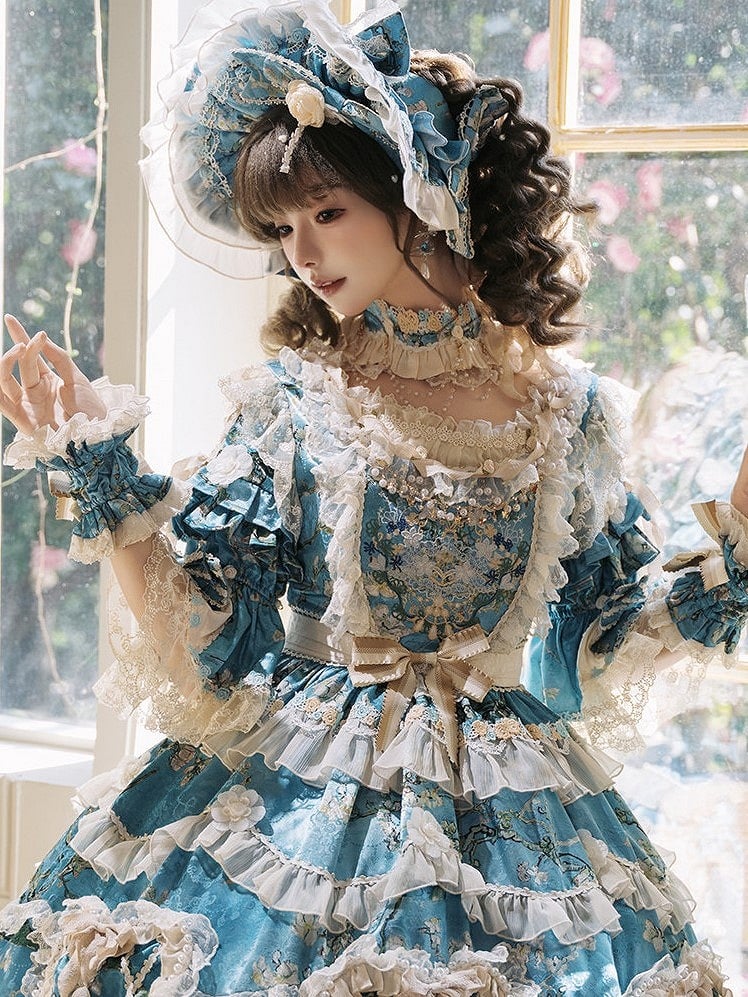 Choker Bead and Chains Blue White Ruffled Lolita Accents with Flower
