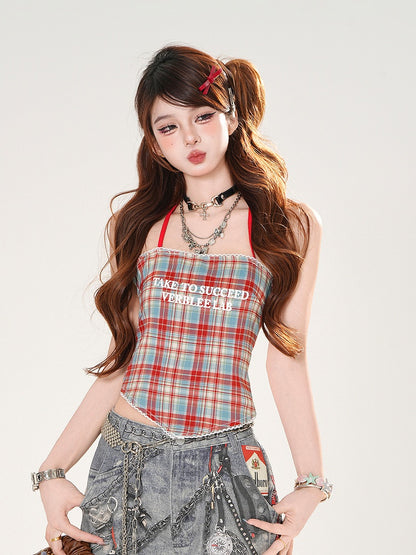 セルフタイネックバック、バックレストップ、リボン、レッドチェック柄ホルターネック