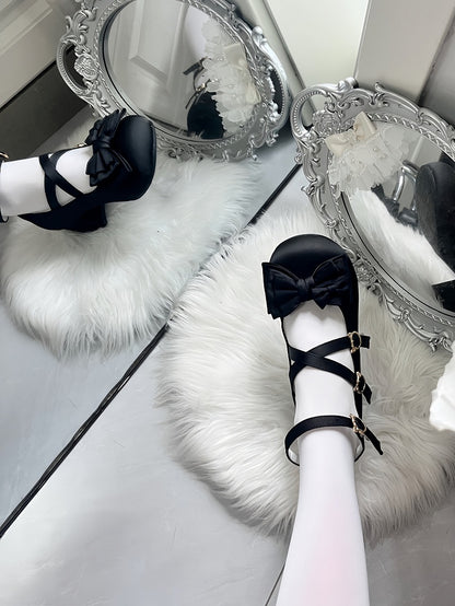 Sophisticated Black Lolita Ballet Shoes - Satin with Ornamental Bow, Kitty Fastener & Crisscross Design