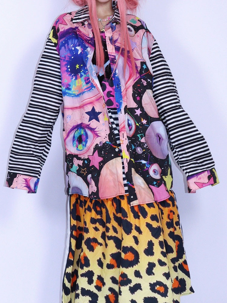 シャツ カワイイ ブラック プリント グロ ストライプ アイズ 袖 オーバーサイズ