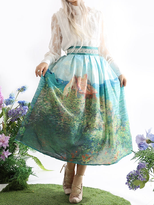 ロング/ショートハイバージョンウエストスカートフィッシャーマンズコテージ油絵プリントグリーン