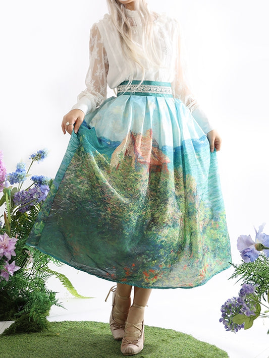 ロング/ショートハイバージョンウエストスカートフィッシャーマンズコテージ油絵プリントグリーン