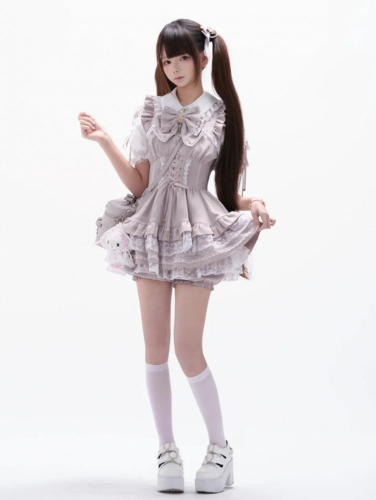Pink and White Ryousangata Two-Piece Set with Lace and Ruffle - GingaU