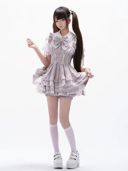 Pink and White Ryousangata Two-Piece Set with Lace and Ruffle - GingaU