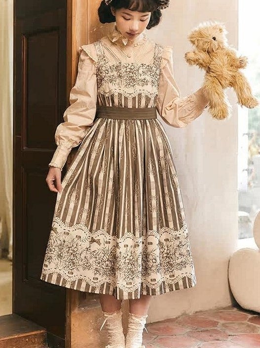 Skirt Classic Brown Long Jumper Print and Clock Lolita Floral Version