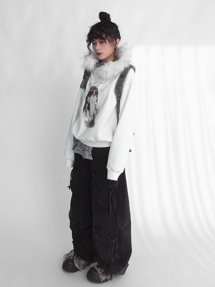 Hooded Detachable Girl Cartoon Print Trim Sweatshirt Hood Kawaii - Daily with Plush Letter