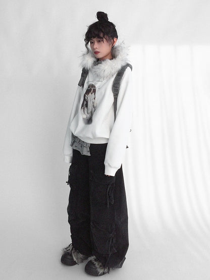 Hooded Detachable Girl Cartoon Print Trim Sweatshirt Hood Kawaii - Daily with Plush Letter