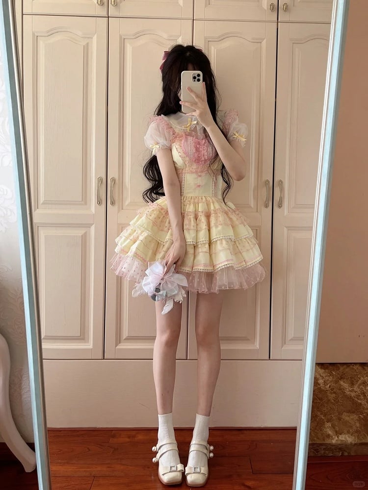 Polka-dot Heart Sweet Ruffled Heart Front Yellow Pink Lolita Dress Pattern