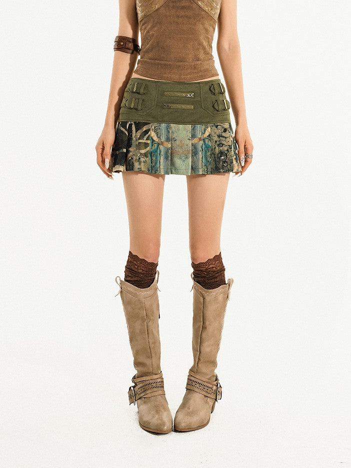 Built-in Shorts Y2K with Denim Skirt Suede Green Patchwork A-Line