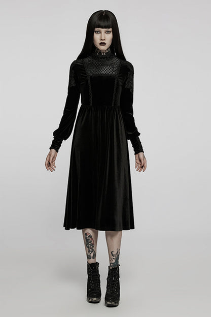 Black Long Sleeves Invisible Zipper High-Waisted Hollow Stitching Gothic Dress