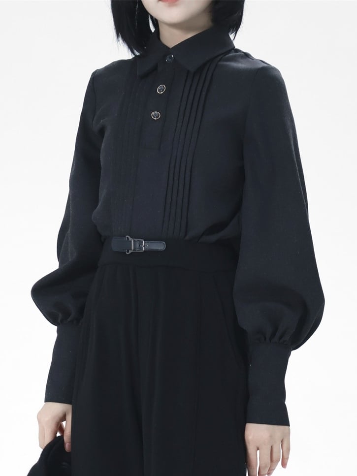 Front - Shirt Pleat Button Unisex Prince Sleeves Elegant Details Style Leg-of-Mutton with Black