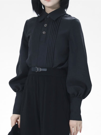 Front - Shirt Pleat Button Unisex Prince Sleeves Elegant Details Style Leg-of-Mutton with Black