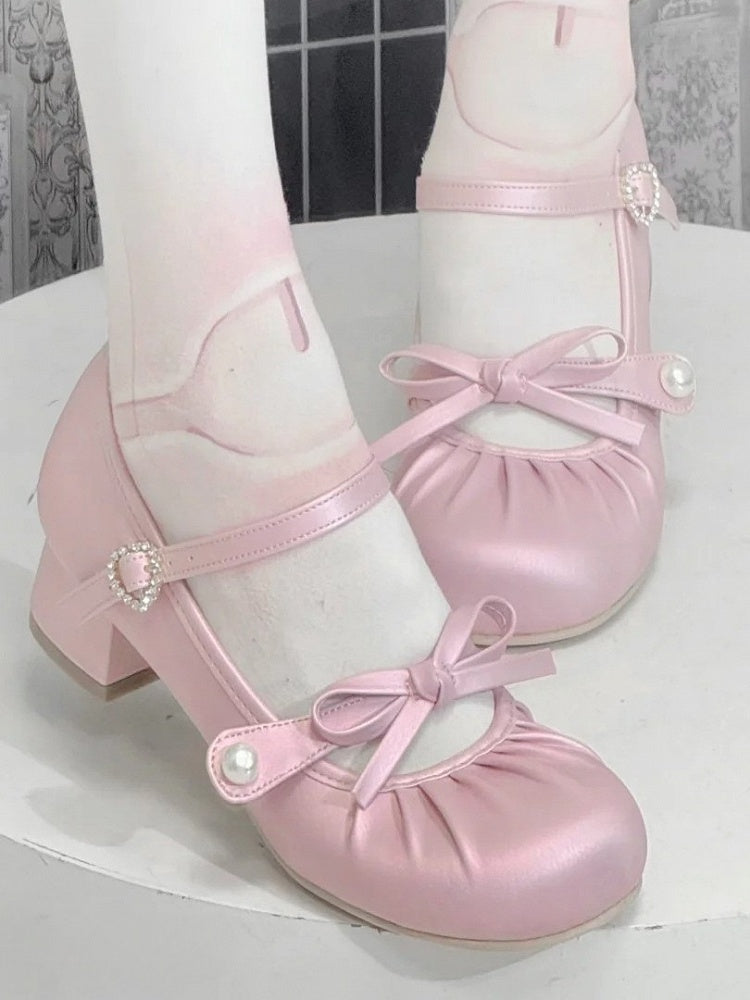 Rhinestone Knotted Janes at Toe Mary Lolita Round Sweet Heart Buckle Top Bow - Pink